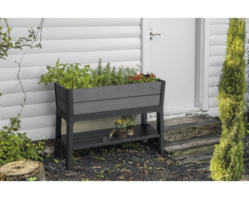 Jardinière surélevée en plastique avec étagère devant un mur de maison