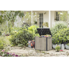 Jardin extérieur avec coffre de rangement, enrouleur de tuyau, arrosoir et plantes