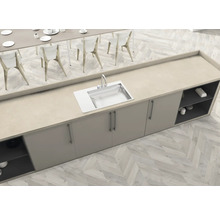 Scène de cuisine avec évier, plan de travail et table à manger