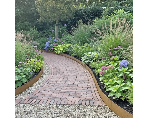 Gartenweg mit Ziegelsteinen, umrandet von Pflanzen und Rasenkanten