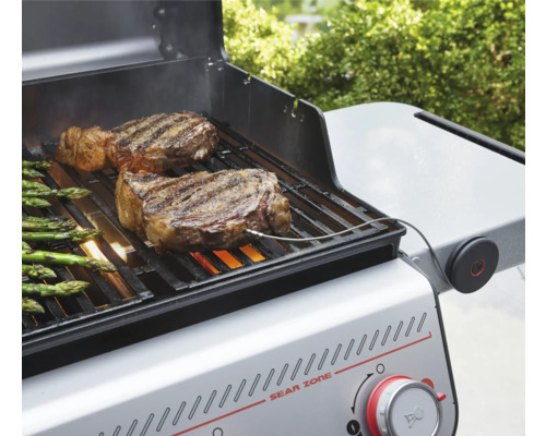 Gril à gaz avec steaks et asperges sur la grille