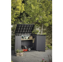 Abri de jardin ouvert avec outils de jardinage