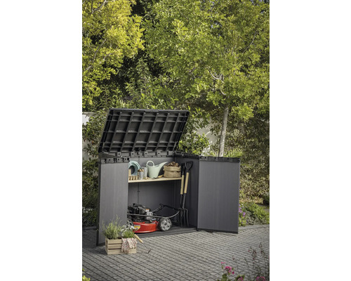 Abri de jardin ouvert avec outils de jardinage