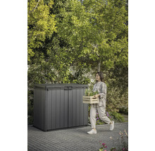 Gartenszene mit Gerätebox und Frau, die einen Holzkasten mit Pflanzen trägt