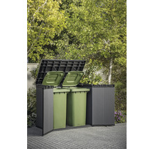 Mülltonnenbox aus Kunststoff mit zwei grünen Mülltonnen im Garten