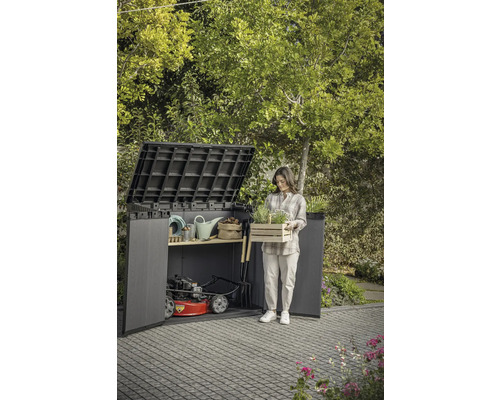 Gartenschrank mit geöffnetem Deckel, Rasenmäher und Frau mit Pflanzenkiste