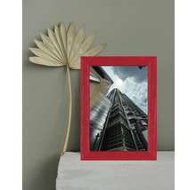 Roter Bilderrahmen mit einem Foto eines Wolkenkratzers und einer getrockneten Blume