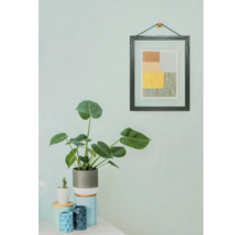 Dekorative Zimmerpflanze in modernem Topf neben gerahmtem Bild an der Wand