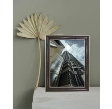 Gerahmtes Bild eines Wolkenkratzers neben einem getrockneten Palmenblatt