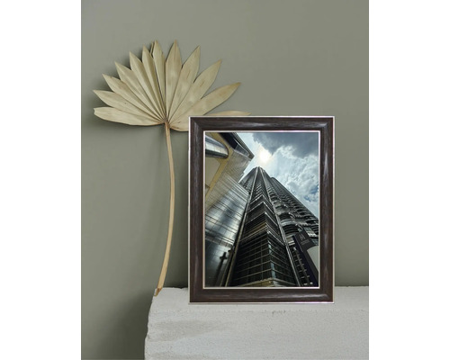Gerahmtes Bild eines Wolkenkratzers neben einem getrockneten Palmenblatt