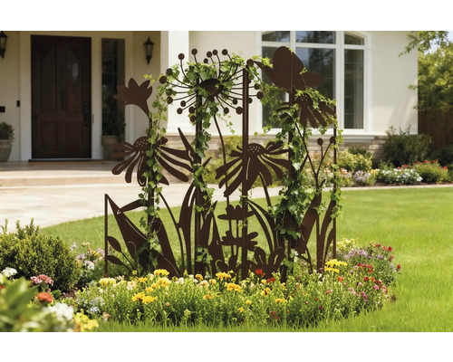 Aménagement décoratif de jardin avec support pour plantes grimpantes en forme de fleurs et plantes grimpantes devant une façade de maison