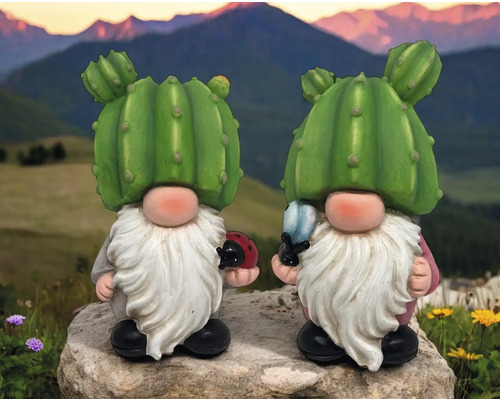Zwei Gartenzwerge mit Kaktushut auf einem Stein