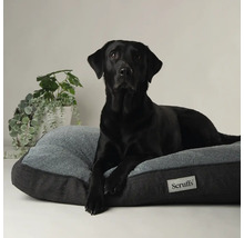 Un labrador noir est allongé sur un lit pour chien gris avec le logo Scruffs.