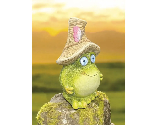 Décoration de jardin figurine de grenouille avec chapeau sur pierre