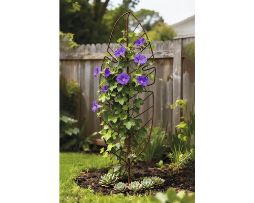 Blumenrankhilfe aus Metall mit blühenden Pflanzen im Garten