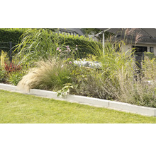 Gestalteter Garten mit Rasenfläche und bepflanztem Beet