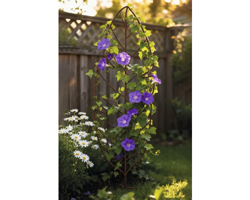 Gartenszene mit Rankhilfe, blühenden Winden und Gänseblümchen