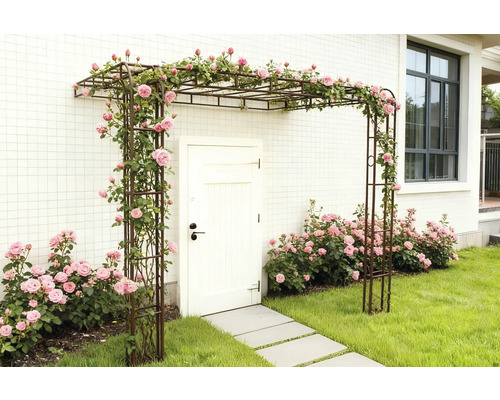 Espace d'entrée avec arche de roses et rosiers en fleurs