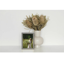 Dekorative Szene mit getrockneten Banksia Blumen in einer Vase und einem gerahmten Bild