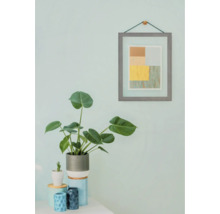 Dekorative Zimmerpflanze im Topf und gerahmtes Bild an einer hellen Wand