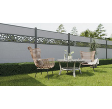 Scène de jardin avec clôtures en béton, fauteuils en rotin et table d'appoint sur une pelouse.