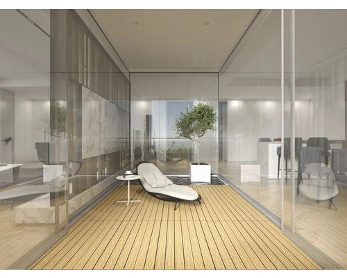 Heller Raum mit Sitzgelegenheit, Tisch und Pflanze in modernem Design.