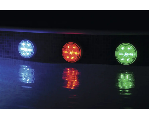 Drei runde Unterwasserleuchten mit blauer, roter und grüner Beleuchtung