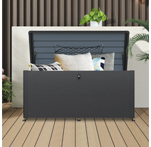 Coffre de rangement ouvert avec coussins sur une terrasse