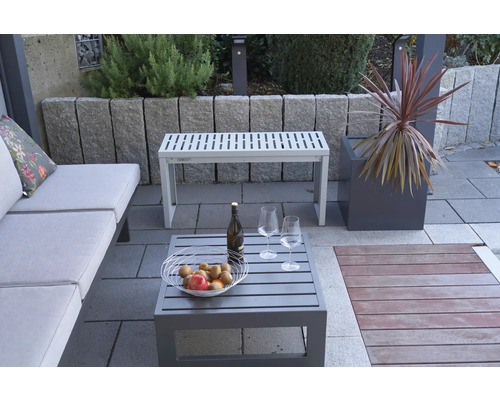 Aménagement de jardin avec banc, canapé, table, coupe de fruits, bouteille et verres