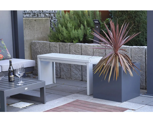 Scène de jardin avec banc, table, plante et décoration pour l'extérieur