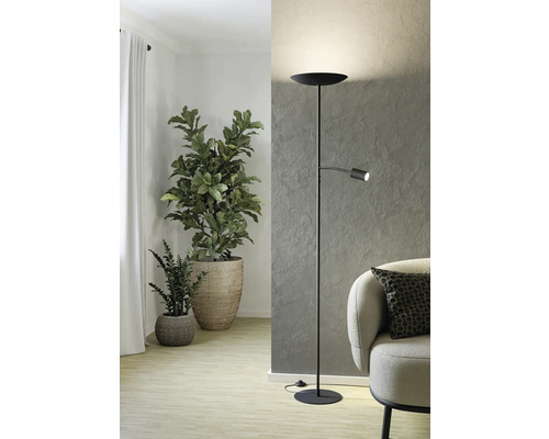 Szene mit einer Stehlampe mit Leselampe, Pflanzen und einem Sessel