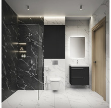 Salle de bain moderne avec douche, toilettes, lavabo et miroir
