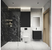 Salle de bain moderne avec douche, meuble-lavabo, armoire de toilette et WC aspect marbre.