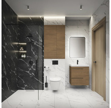 Salle de bain moderne avec douche, lavabo, miroir et toilettes.