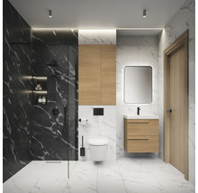 Salle de bain moderne avec douche, lavabo et toilettes.