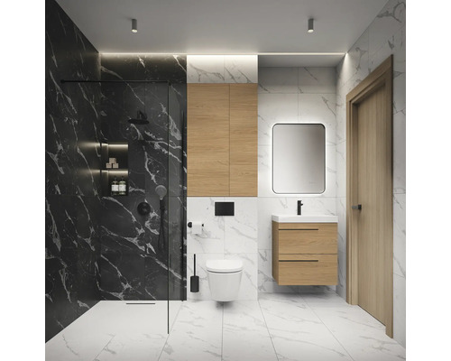 Salle de bain moderne avec douche, lavabo et toilettes.
