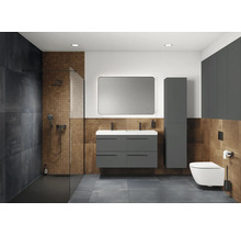 Salle de bain moderne avec douche, meuble-lavabo, armoire de toilette et WC en gris et brun