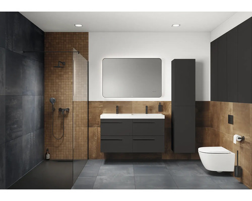 Salle de bain moderne avec douche, lavabo, miroir, toilettes et meubles de salle de bain dans des tons sombres