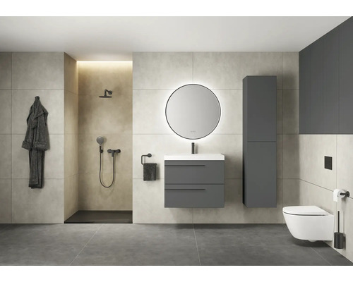 Salle de bains moderne avec douche, meuble-lavabo avec miroir, toilettes et concept de couleurs grises