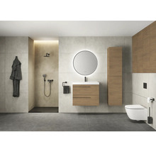Salle de bain moderne avec douche, lavabo avec miroir, armoire haute et toilettes