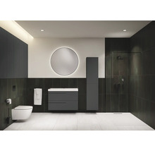 Salle de bains moderne avec WC suspendu, meuble sous-lavabo, armoire de toilette, miroir rond et douche