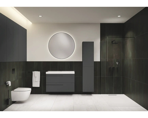 Salle de bains moderne avec WC suspendu, meuble sous-lavabo, armoire de toilette, miroir rond et douche