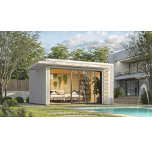 Maison de jardin moderne avec portes coulissantes et intérieur confortable à côté d'une piscine