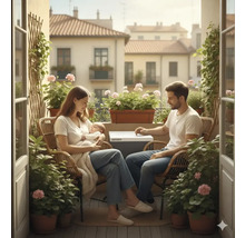 Couple avec bébé sur un balcon avec des meubles en rotin et des jardinières
