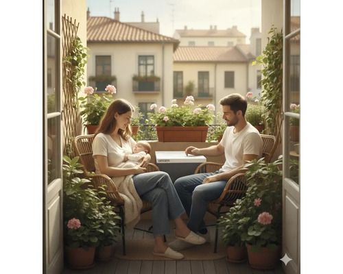 Couple avec bébé sur un balcon avec des meubles en rotin et des jardinières