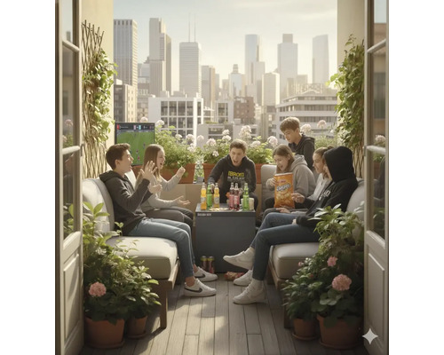 Gruppe Jugendlicher schaut Fernsehen auf einem Balkon mit Getränken und Snacks vor einer Stadtkulisse.