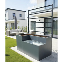 Hochbeet mit Rankhilfe im Garten.