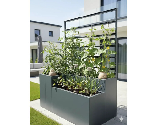 Hochbeet mit Pflanzen und Rankhilfe im Garten