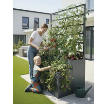 Mutter und Kind ernten Gemüse in einem Hochbeet mit Rankhilfe im Garten.