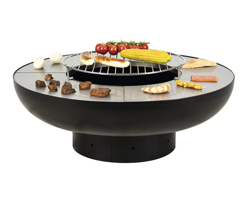 Table de barbecue ronde avec grille, aliments grillés et ingrédients